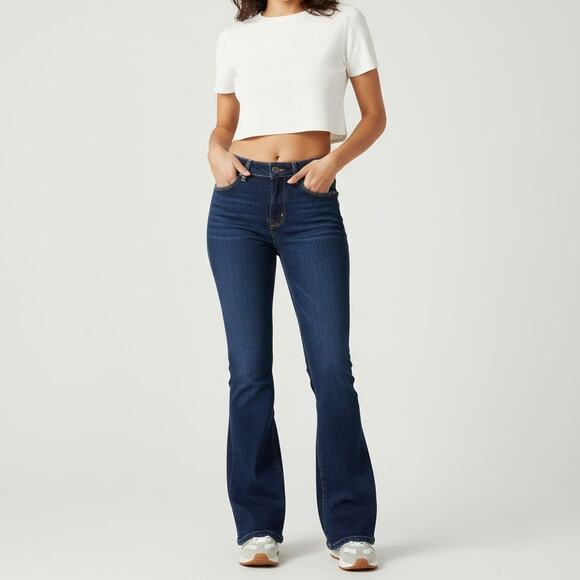 Jimmy Taverniti Flare Wide Leg Jeans Dark Wash Distressed Size 25 Long Mid Rise - Picture 1 of 16